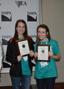 News Editor Caroline Carter and Page Design Editor Jordan Bickham stand together after the awards ceremony at the JEA/ NSPA convention. 
