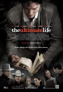 The official movie poster for The Ultimate LIfe with Logan Bartholomew as Jason Stevens holding Red's journal. 