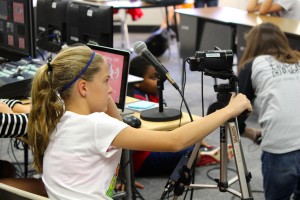 Fifth grade students at Cottonwood Creek prepare to film their daily announcements. The EMAC Academy was able to help them improve their show. Photo by Alyssa Frost.