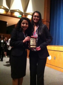 Sophomore Sneha Karkala(left) and senior Sneha Jain(right) pose with their award following their Presentation Management Team event win at the Business Professionals of America Regionals competition on Jan. 25 at Denton Guyer High School.