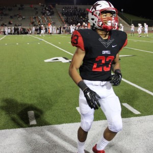 Coppell High School freshman defensive back Jonathon McGill runs off the field after the last play in the third quarter. Coppell High beat Haltom 44-6 Friday night at Buddy Echols Field. Photo by Megan Winkle 