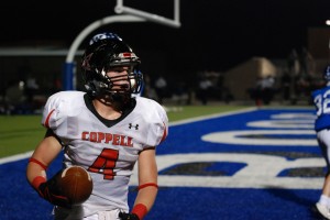 Cam McDaniel after a touch down against Weatherford High School. Coppell won the game 42-0. Photo by Tyler Morris