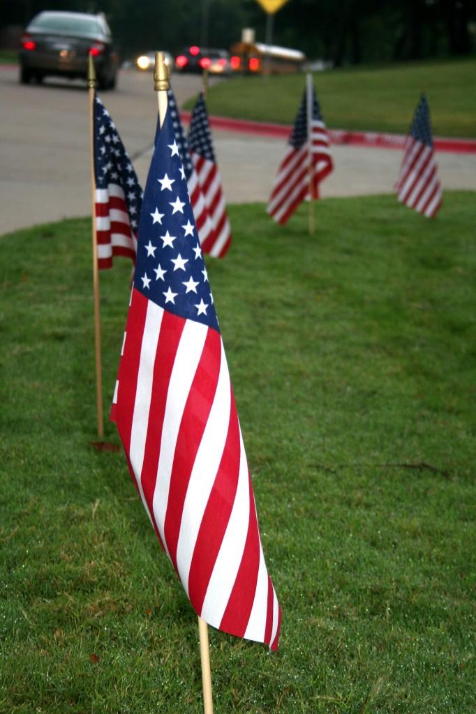 Flags arranged by the bus loop on the morning of September 11th. 
