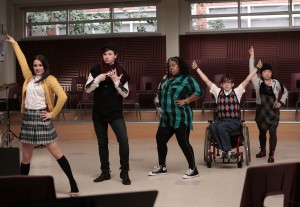 Members of McKinley High's Glee Club rehearse in "Glee" on Fox. Pictured L-R: Lea Michele, Chris Colfer, Amber Riley, Kevin McHale and Jenna Ushkowitz. (Carin Baer/Fox/MCT)