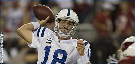 Peyton Manning makes a pass against the Arizona Cardinals. *Photo from Indianapolis Colts press release*
