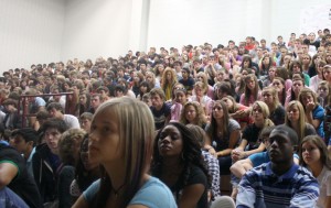 Students watch and listen as they are issued a challenge from the diary of Rachel. Photo by Tyler Morris.