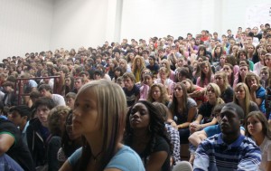 Rachel's Challenge Students watch and listen as they are issued a challenge from the diary of Rachel. Photo by Tyler Morris.