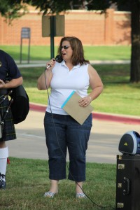 Patti Dean, the wife of Greg Dean for whom the ride is held, speaks at the beginning of each ride. Photo courtesy of David Stonecipher.