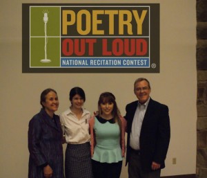 Mistress of ceremonies Naomi Shihab Nye, 2013 winner Maria Zuniga, 2013 runner up Brianna Herrera, and Texas Commission on the Arts Executive Director Gary Gibbs.Courtesy of Freddy Martinez.