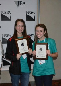 News Editor Caroline Carter and Page Design Editor Jordan Bickham stand together after the awards ceremony at the JEA/ NSPA convention.