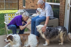 On an afternoon with the family, husband John strokes Daisy as Barb waves her fingers over her face to indicate to Daisy the sign meaning "beautiful."