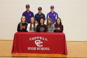 Coppell High School senior athletes Mary-Kate Marshall (Oregon State, volleyball), Kate Dicken (University of North Texas, volleyball), Hannah Jiao (Texas ATM International, golf), Taylor Icenberger (Texas Wesleyan, golf), Erika Zimmer (Missouri State, softball), Drew Hanson (Abilene Christian University, baseball), Cal Hernandez (Dallas Baptist University, baseball) and Quinn Moser (Ouachita Baptist, baseball) signed letters of intent this morning in the large gym. Photo by Nicole Messer. 