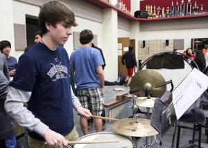 Coppell High School junior Brady Knippa practices All State music Friday after school in the band hall. Knippa was the first junior to make the All State band from the percussion section from Coppell High School ever. Photo by Nicole Messer.