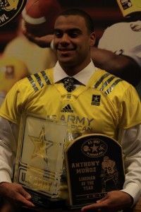 Coppell senior defensive end Solomon Thomas holds the Anthony Munoz and Feilx "Doc" Blanchard Awards after the 2014 U.S. Army All-American Bowl Awards Show. Thomas will be playing in the U.S. Army All-American Bowl at the Alamodome in San Antonio, Texas. Photo by Mark Slette.