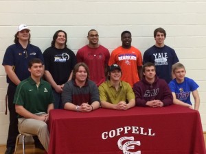 10 Coppell High School athletes signed their letters of intent in the CHS gymnasium on Wednesday, Feb. 5. Front Row: Blake Mahon, Bryan Berens, Adam Centers, Chris Adkins, Carson Vickroy. Back Row: Bill Weber, Kevin Gray, Collins Okotcha, John Herubin. Photo by John Loop.