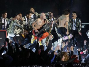The Red Hot Chili Peppers join Bruno Mars as they perform at halftime during Super Bowl XLVIII at MetLife Stadium in East Rutherford, N.J., on Sunday, Feb. 2, 2014. (J. Patric Schneider/MCT)