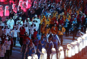 Athletes process out of the arena after the Opening Ceremony for the Winter Olympics at Fisht Olympic Stadium in Sochi, Russia, Friday, Feb. 7, 2014. (Brian Cassella/Chicago Tribune/MCT)