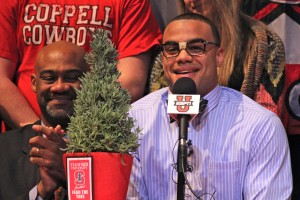 Senior defensive end Solomon Thomas is all smiles after announcing he will be playing college football for Stanford University on live television. Thomas chose Stanford over the University of Arkansas and the University of California- Los Angeles in the Coppell High School auditorium on National Signing Day. Photo by Regan Sullivan.