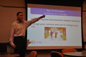 President of ACAP Health Todd Witthorne outlines the mistakes made when trying to change behavior. Witthorne spoke on Oct. 14 at the Coppell Senior and Community Center. Photo by Aisha Espinosa. 