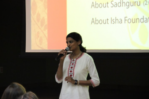Isha Foundation volunteer Gomathi Swamy leads the meditation workshop for Coppell residents on Tuesday, Oct. 14 at the Coppell Senior and Community Center. Photo by Mallorie Munoz.