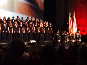 The Coppell High School A Capella choir performs “Salute to the Armed Forces” at the Majestic Theatre, as part of a tribute to Veteran’s Day on Tuesday.  Photo by Aisha Espinosa.  