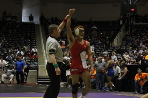 Coppell senior is declared the winner of his match against Southlake Carroll junior Jack Duval by a 6-3 decision. Murillo took fourth at the UIL state wrestling tournament on Feb. 21 at the Curtis Culwell Center in Garland. Photo by Mallorie Munoz.
