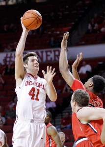 Sophomore forward Austin Mankin attempts a floater against Texas Tech at home on Jan. 28. Photo courtesy Mike Houck.