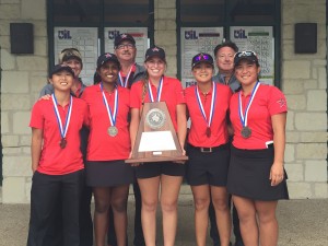 The five members of the girls varsity team pose with its second place state title at the University of Texas Golf Club in Austin, TX. It is the first title in the golf program at CHS. Photo courtesy Jan Bourg.