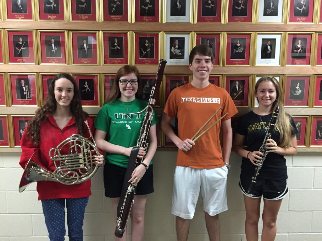 Coppell High School band students Lesley Wray, Lauren LaChapelle, Brady Knippa and Hannah Thorp are all going to continue their passion for music in college. Wray will be attending the University of Dayton, LaChapelle will be attending the University of North Texas, Knippa will be attending the University of Texas and Thorp will be attending Baylor University. Photo by Nicole Messer.