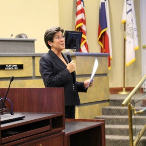  Mayor Karen Hunt speaks at the beginning of Tuesday night's City Council meeting. Coppell City Council typically meets the second and fourth Tuesdays of the month to discuss issues concerning the town. Photo by Kelly Monaghan.
