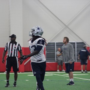 Dallas Cowboys wide reciever Rodney "Lucky" Whitehead prepares for Sunday's game at the newly renovated Coppell High School fieldhouse. Practice was moved to CHS due to rainy weather conditions. Photo by Mallorie Munoz.