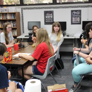 Members of Coppell High School's gay straight alliance (GSA) club discuss the dress up days for an upcoming spirit week in celebration of the LGBT+ community at the GSA club's meeting on Sept. 28. Although the meeting was led by the GSA club's officers, senior president Renee LeGros and junior vice president Megan Bauer, the club encourages an open discussion among all members.