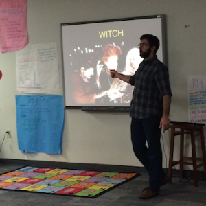Longtime American Sign Language substitute Zach Kapulka has a Halloween lesson, showing the kids how to sign words such as “zombie” or “witch”. By communicating through his main language, sign language because he is deaf, he is a great teacher for the kids. Photo by Aubrie Sisk.