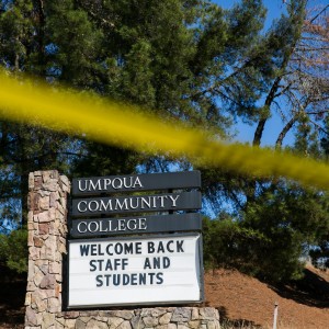 Despite the campus being taped off in police line, Umpqua Community College in Roseburg, Ore., reopened on Monday, Oct. 5, 2015, following last week's mass shooting. (Marcus Yam/Los Angeles Times/TNS)