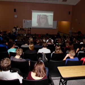 Pre-AP english II students gather together in the Lecture Hall on Oct.29 to have a Skype session to learn about the government and social structure of North Korea with the rescue team manager of LINK (Liberty in North Korea). "It was interesting to get more personal view of the crisis in North Korea and it was extremely humbling to be able to appreciate the freedom we have in America," Coppell High School sophomore Christian Walker said.