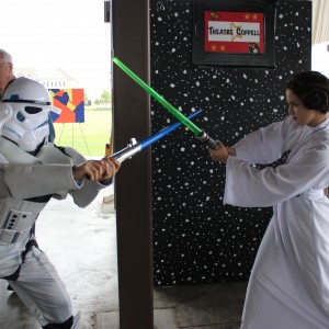 Coppell High School sophomore Jasmine Lau (left) poses as a stormtrooper at the Coppell Arts Festival on Oct. 31. She is also involved in theatre works at CHS. Photo by Ayoung Jo. 