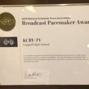 Coppell High School KCBY-TV received the 2015 Pacemaker award on Nov. 15 during the JEA/NSPA Fall National High School Journalism Convention in Orlando, Fla. The Pacemaker is the highest honor in the field of high school journalism. Photo courtesy of KCBY-TV