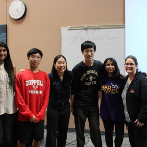 The sponsor and officers of the Coppell High School’s Science/Technology Involvement & Research Club smile for the camera following the presentation by guest speaker Jane Shin in the lecture hall Wednesday after school . By the time Shin becomes a radiologist in practice, she will have completed 14 years of formal schooling after high school. Photo by Ayoung Jo.