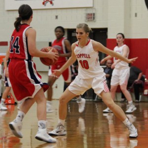 Coppell High School sophomore point guard Mary Luckett plays defense against Grapevine in the Cowgirls 33-32 victory over the Lady Mustangs Tuesday at home in the large gym. 